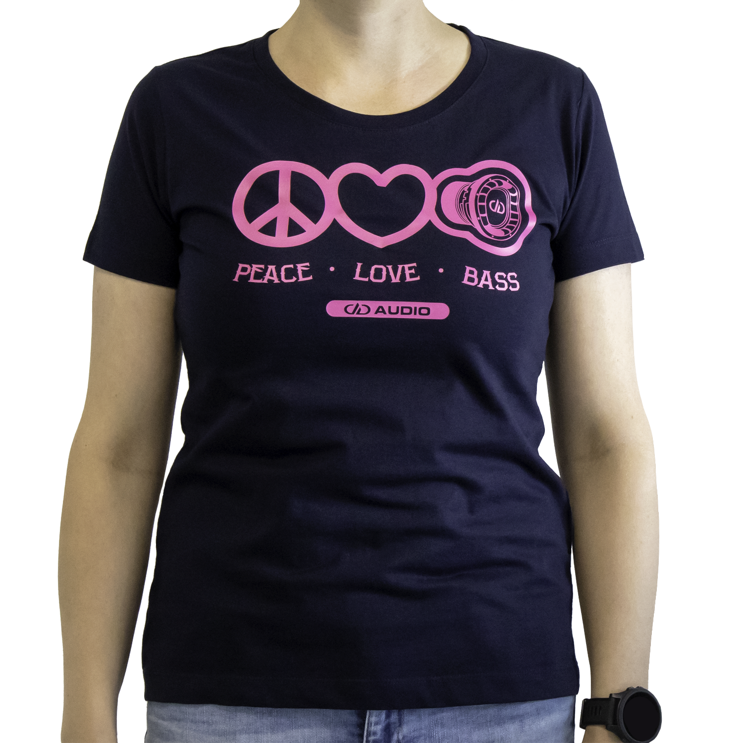 DD naisten t-paita ”Peace Love Bass”, navy (S-L)