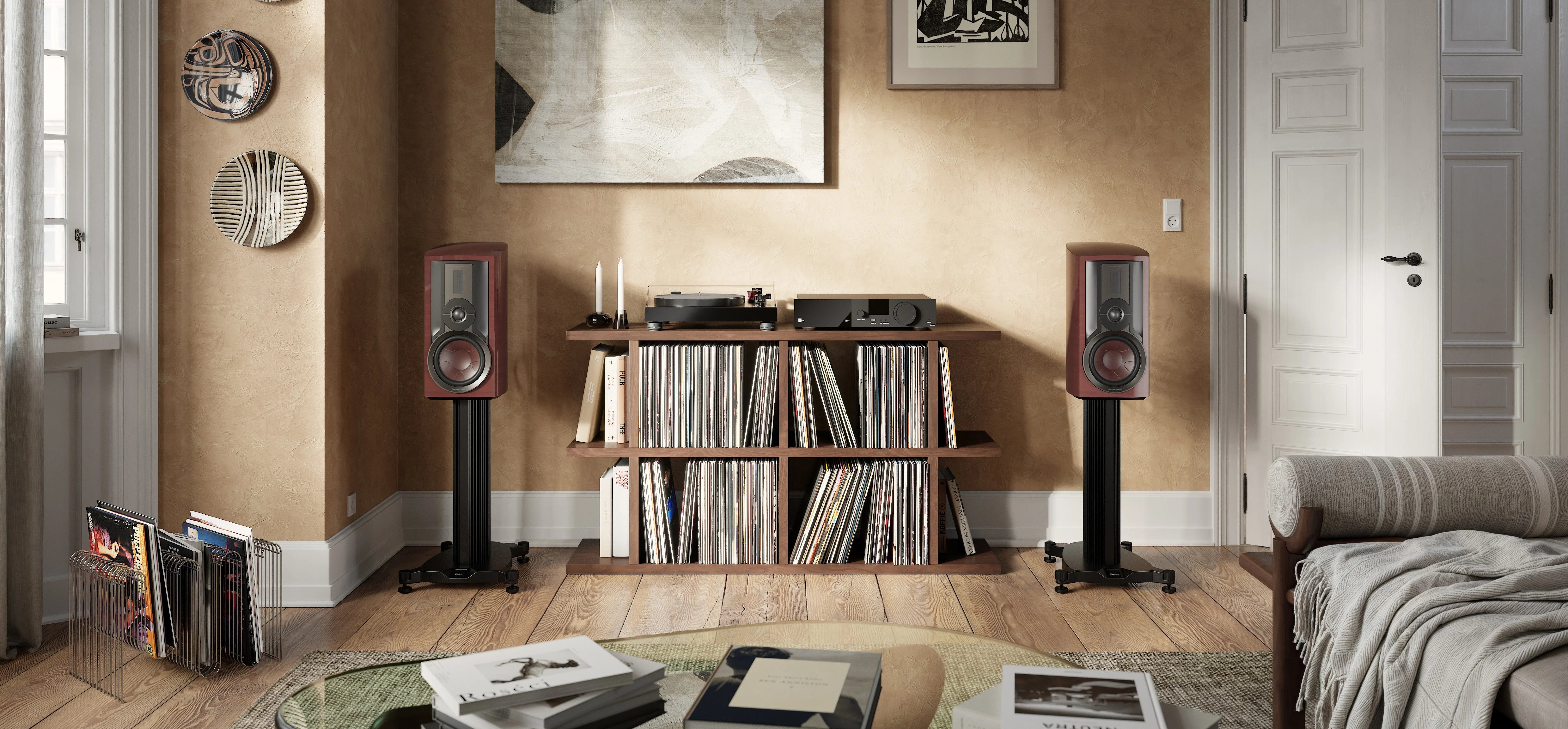 DALI EPIKORE 3 -kaiutinpari (High Gloss Maroon) + EPIKORE-jalustat, DEMO