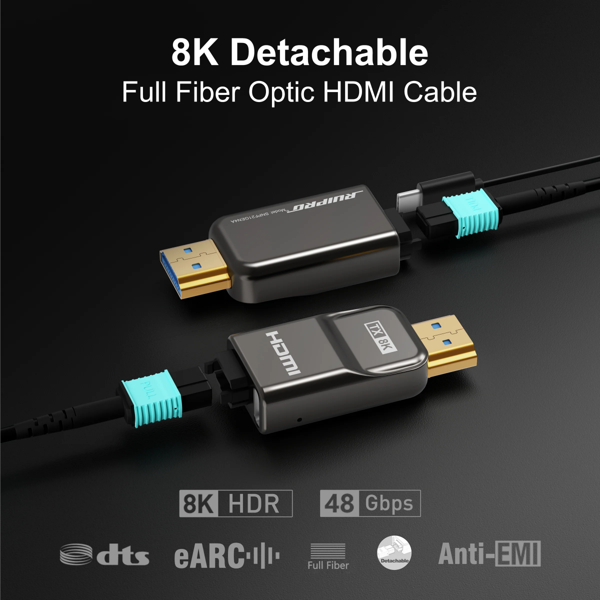 RuiPro 8K panssaroitu HDMI-kuitukaapeli irrotettavilla liittimillä 48 Gbit/s
