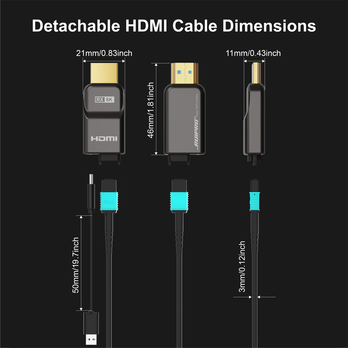 RuiPro 8K panssaroitu HDMI-kuitukaapeli irrotettavilla liittimillä 48 Gbit/s
